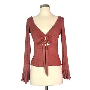 Free People Say When Metallic Gold Mauve Red Rust V-Neck Keyhole Bell Sleeve Top